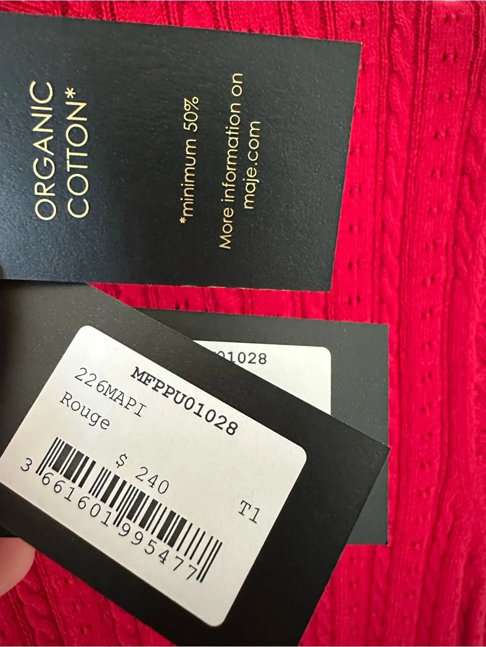 NWT MAJE round neck jumper red cable-knit and pointelle short sleeves size S